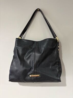 Anne Klein Black Pebble Leather Shoulder Bag with Gold Accents